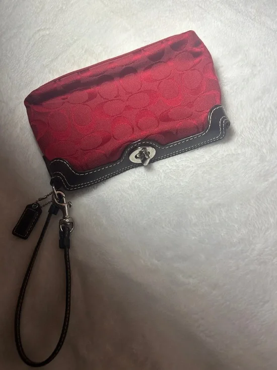 Coach Red Signature Canvas Wristlet with Black Leather Trim - Picture 2 of 4